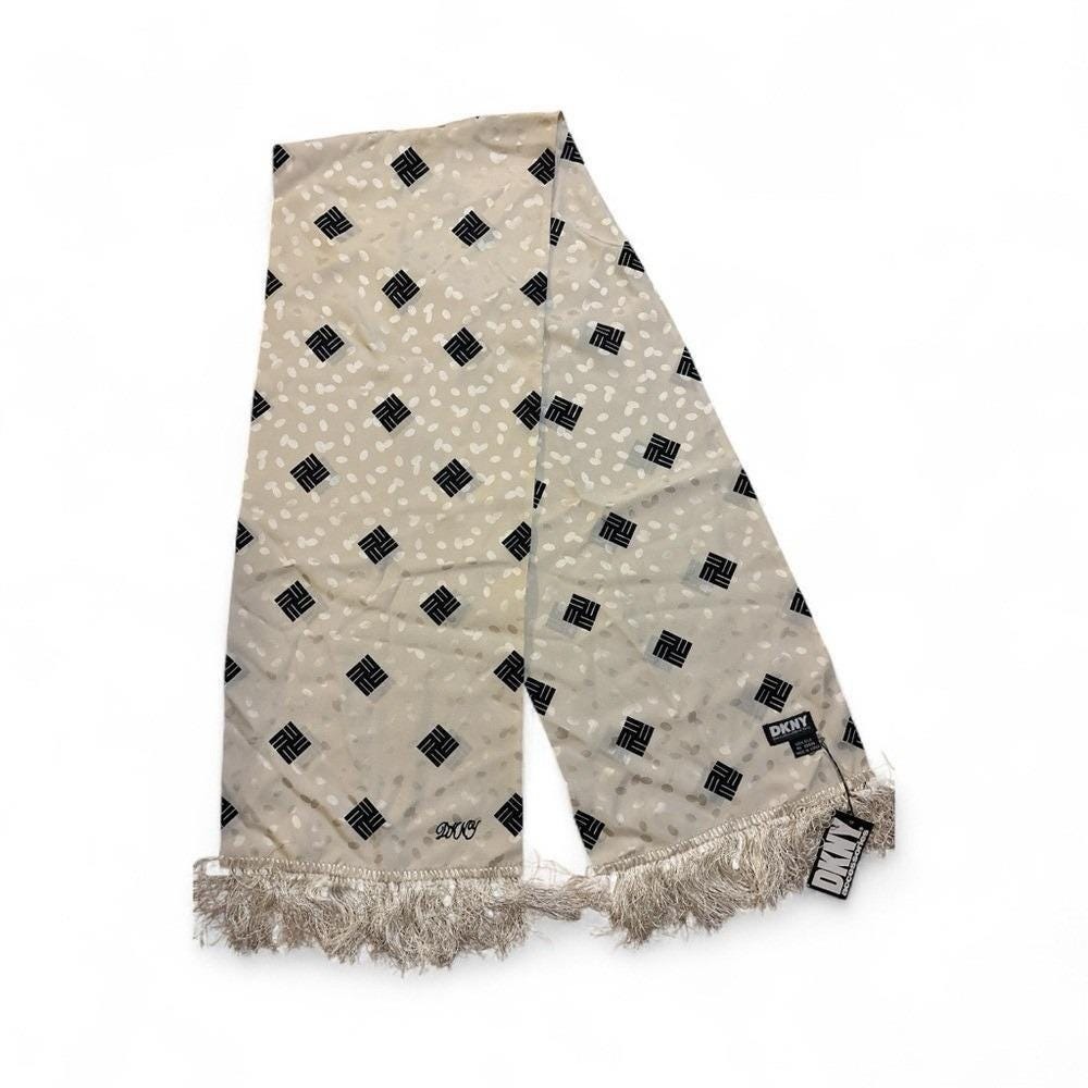 DKNY White Silk Oblong Scarf Fringes Black Geometric Prints